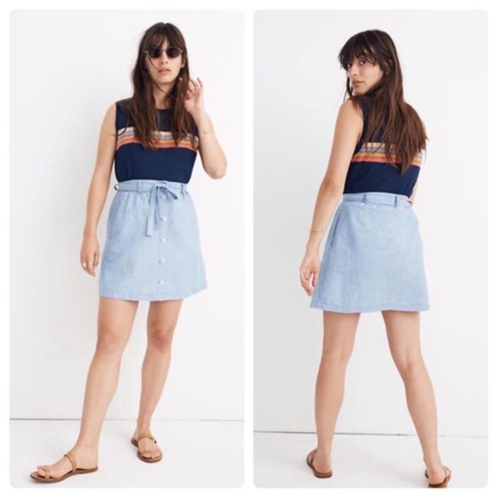 EUC Madewell Button-Front Tie Mini Skirt Chambray
